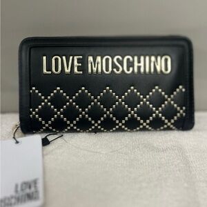 Love Moschino Black Zip Wallet with Gold Studs Logo NWT
